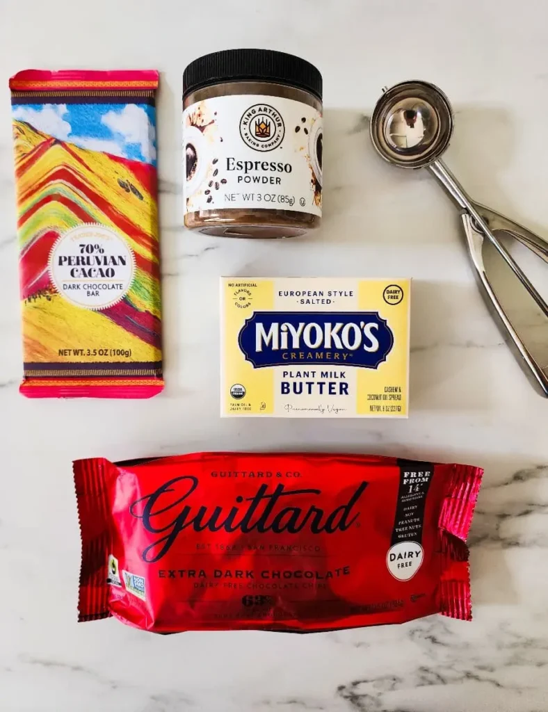 The key special ingredients for this recipe include chocolate chips, dairy free butter, and espresso powder.