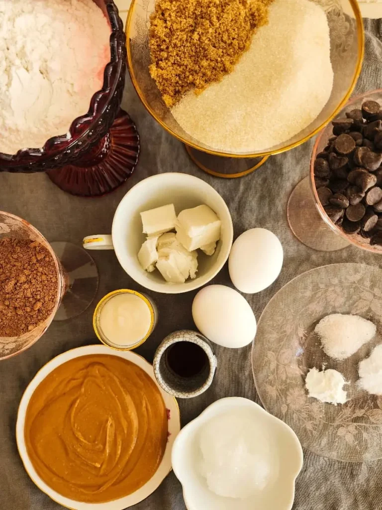 The ingredients for chocolate peanut butter cookies