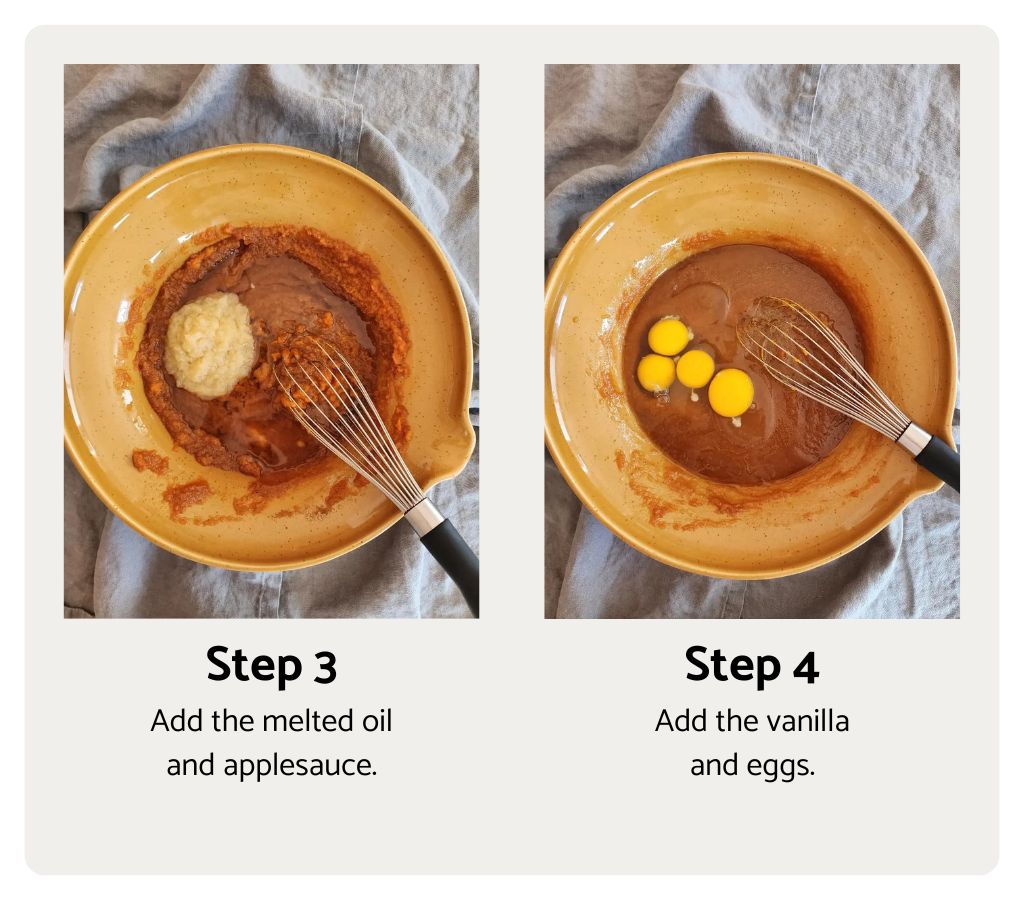 Mixing in the oil, applesauce, vanilla, and eggs