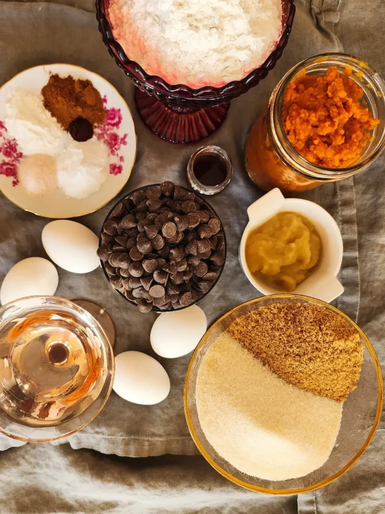 Ingredients for chocolate chip pumpkin muffins