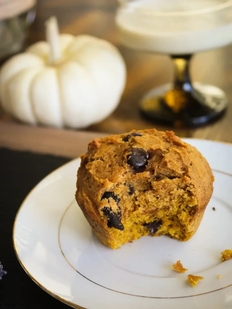 One gluten free chocolate chip pumpkin muffin on a plate
