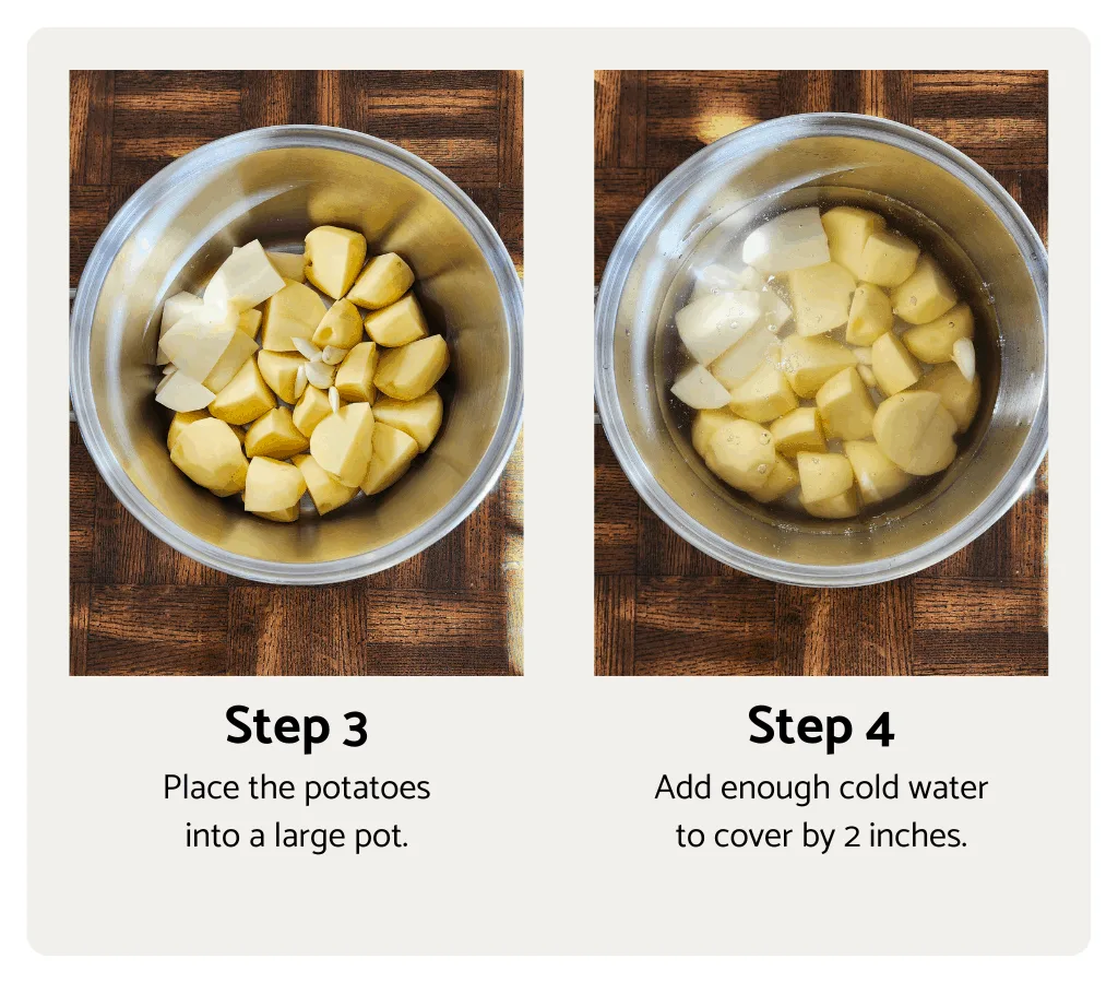raw potatoes in a pot with garlic for dairy free mashed potatoes
