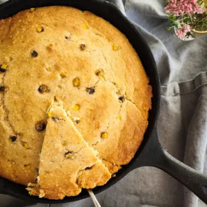 Gluten free cornbread in a cast iron skillet