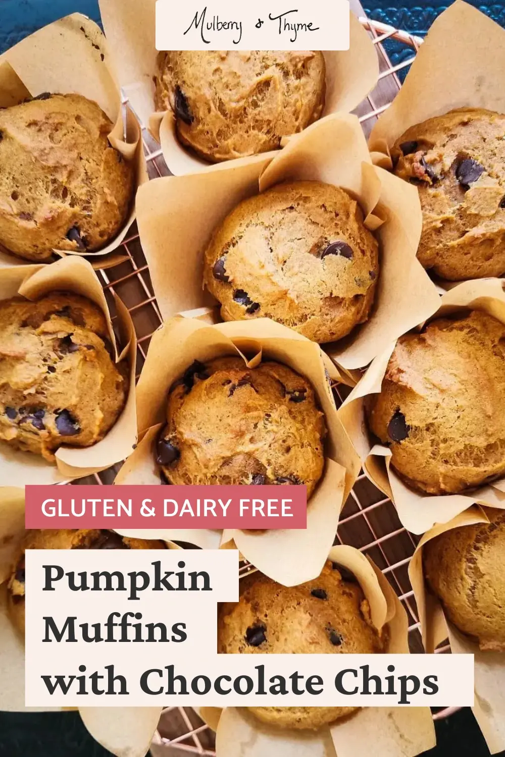Freshly baked gluten free dairy free pumpkin muffins with dark chocolate chips, arranged in tulip liners on a cooling rack. Soft and moist muffins perfect for fall baking or an easy breakfast treat.