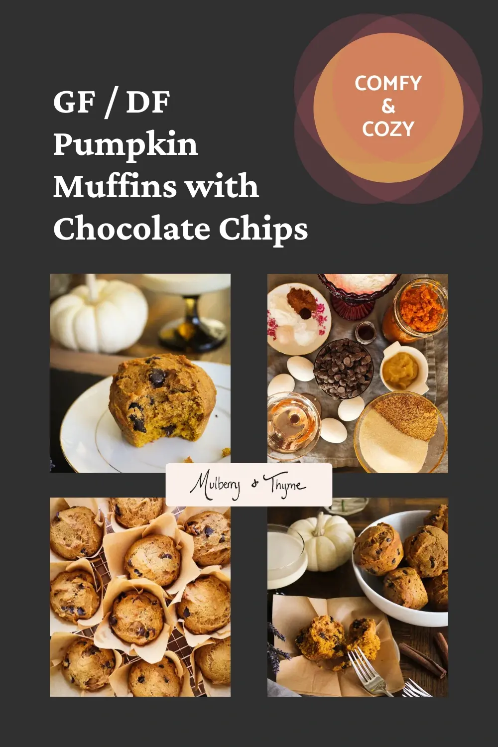 A collage of photos of warm gluten free dairy free pumpkin muffins with chocolate chips, displayed on a fall-themed table. A cozy and comforting treat perfect for autumn baking.
