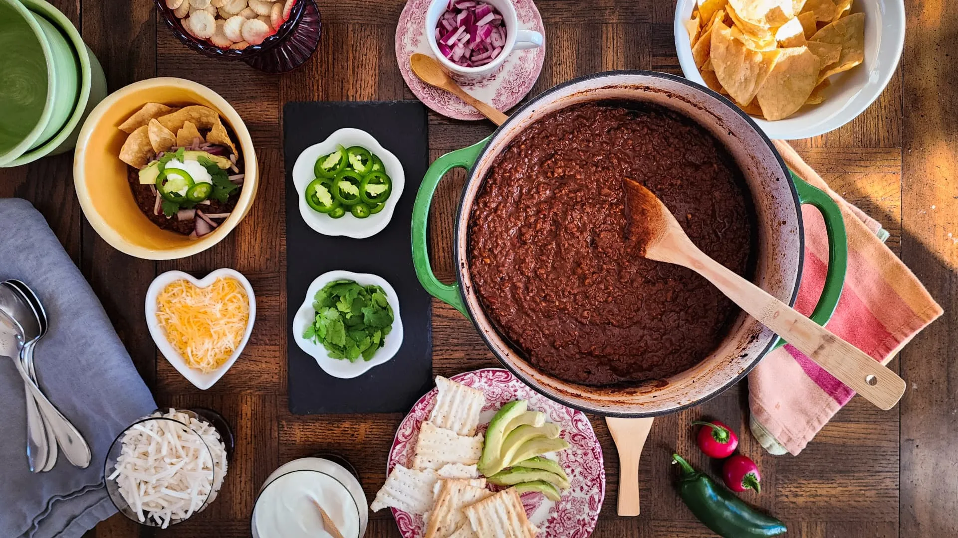 pot of Texas-style chili and all the fixings