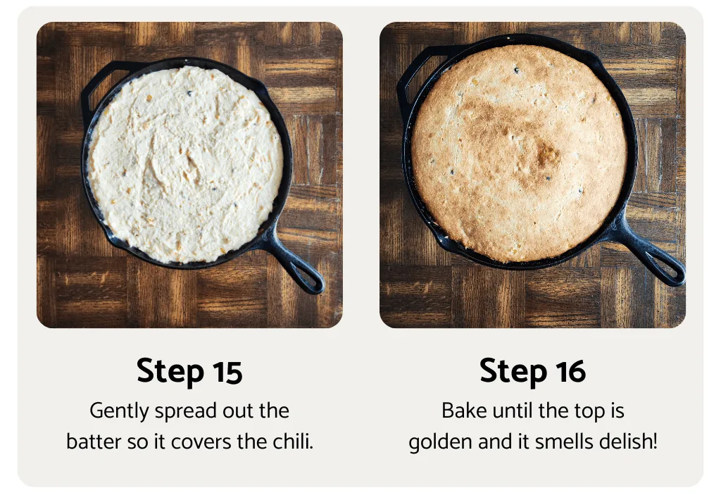Chili cornbread pie process steps 15 and 6