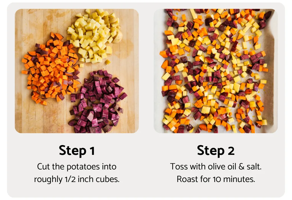 This potato and sweet potato hash recipe features crispy ham, eggs, and fresh greens. Perfect for a slow weekend morning or a home full of guests, or any time you want a hearty breakfast or easy-to-pull-together dinner. Naturally gluten free and dairy free.
