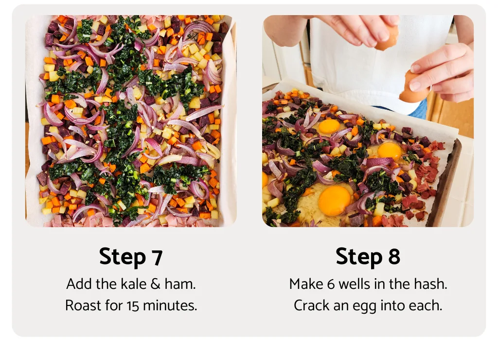 This potato and sweet potato hash recipe features crispy ham, eggs, and fresh greens. Perfect for a slow weekend morning or a home full of guests, or any time you want a hearty breakfast or easy-to-pull-together dinner. Naturally gluten free and dairy free.